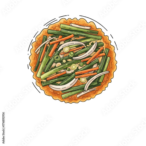Topdown view savory tart or quiche filled with chopped green onions, carrots, and onions