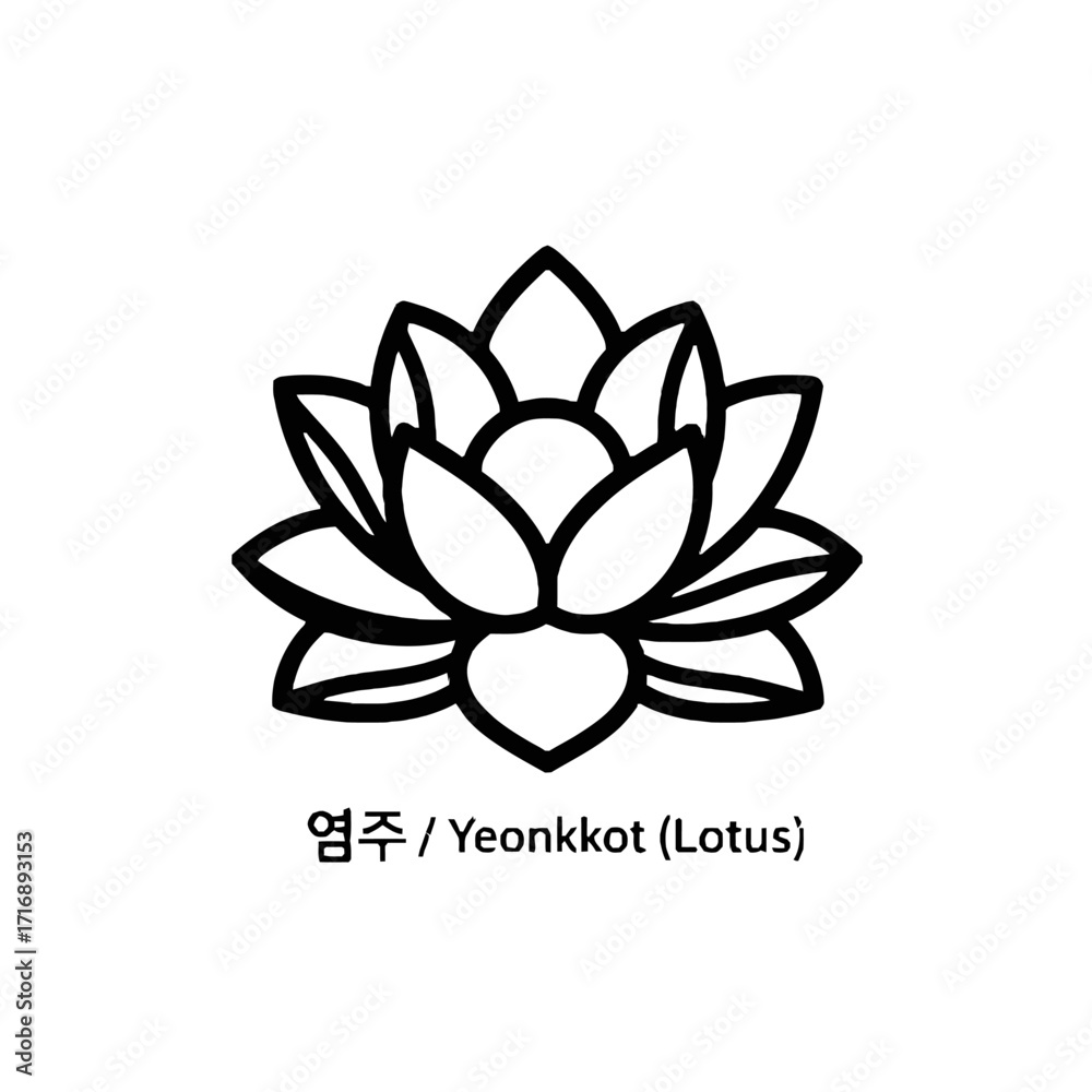 Fototapeta premium Simple black and line lotus flower, also known as yeonkko, isolated on transparent