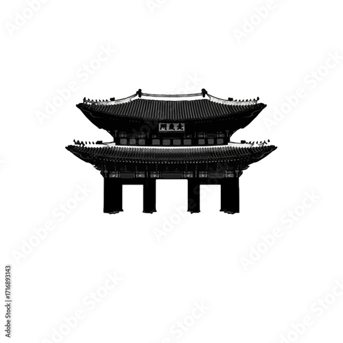 Silhouette traditional korean palace building, likely gyeongbokgung palace, with intricate architectural details on transparent