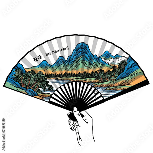 Traditional korean folding fan, known as buchae, is held open, displaying vibrant landscape painting mountains, trees, and river, isolated on transparent