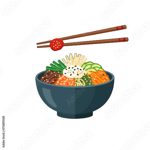 Vibrant flat design korean bibimbap bowl with chopsticks resting above it, isolated on transparent