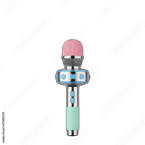 Portable karaoke microphone with pink top and blue accents, isolated on transparent