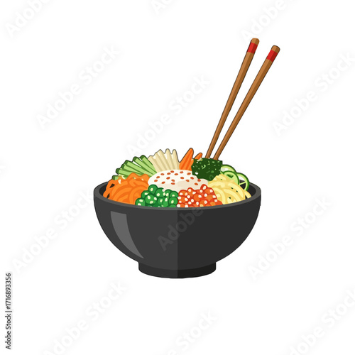 Vibrant and colorful bowl bibimbap, popular korean dish, served with chopsticks