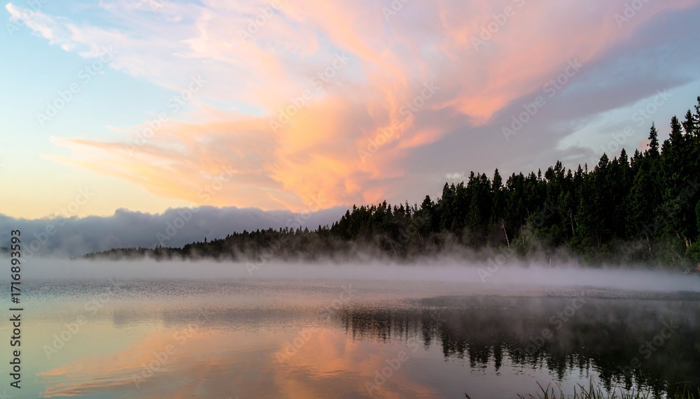 Fototapeta premium Misty Sunrise Over Calm Lake with Pink and Orange Sky