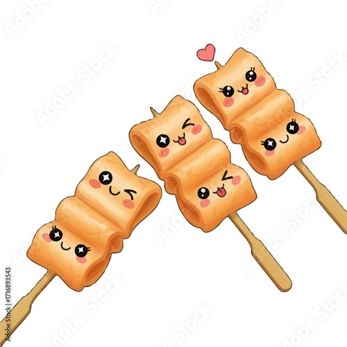 Cute cartoon odeng skewers with happy faces and rosy cheeks, , representing korean street food and fun, kawaii aesthetic for culinary or cultural themes