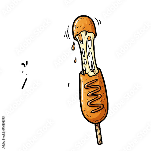 Handdrawn korean corn dog with stretchy cheese, drizzled with ketchup
