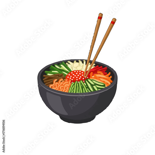 Delicious bowl bibimbap, popular korean dish, featuring rice, assorted vegetables, and fried egg, served with chopsticks, isolated on transparent