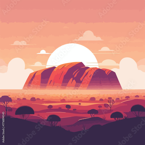 Sunset at Uluru (Ayers Rock) with a simple and minimalist flat design using a white background