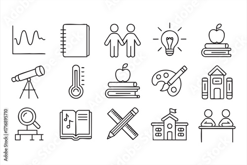 Outline icons of school materials featuring globe, microscope, and graduation cap