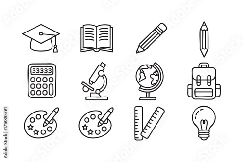 Vector icon set of academic and school learning tools including science and art elements