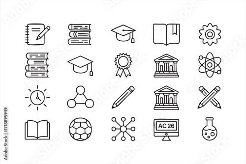 Modern line icons of school learning, teaching, and student success for design projects