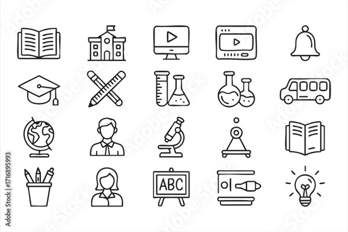 Academic outline icons including microscope, flask, globe, and teacher design elements