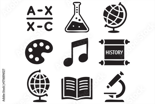 Black and white vector illustration of education and learning icons for academic design