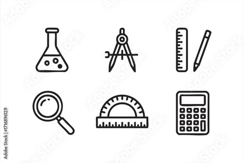 Vector outline icons of school science and math tools for education and learning