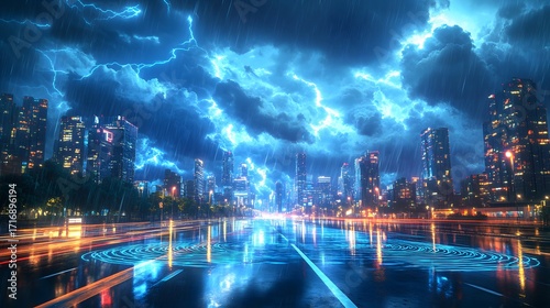 Wallpaper Mural A vibrant city street drenched in rain, illuminated by a powerful thunderstorm, showcasing digital technology elements. Torontodigital.ca