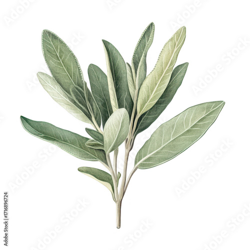 A detailed illustration of fresh sage leaves arranged artistically on a clean white background. their green hues and textures. ideal for culinary or botanical uses