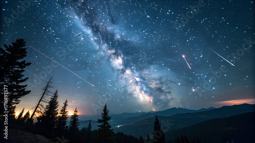 Meteor Shower with Shooting Stars in Night Sky