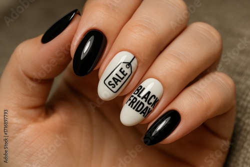 Black and white manicure with sale and Black Friday design. Concept of shopping, discounts, e-commerce and holiday sales.
