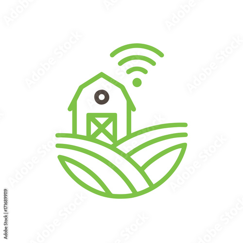 Smart Farm Logo with Wireless Signal and Stylized Crop Fields in Minimal Vector Style, smart farm Logo, wireless farming Icon, agriculture tech Vector