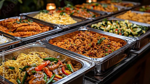 Asian food catering buffet for a party event, variety of delicious dishes on a restaurant buffet line, close up of food in stainless steel chafing dishes

