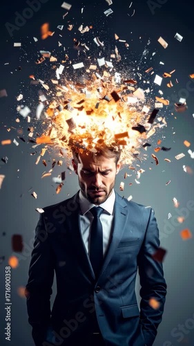Stressed businessman with explosion of paper and fire from head representing burnout and overwork in a blue suit with a neutral background