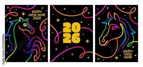 Horse New Year Posters Design. 2026 Chinese Lunar New Year Patterns. Vector Neon Color Linear Horse Illustration.