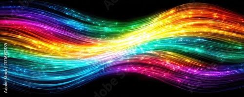 Abstract background of neon fiber optic lines concept. Vibrant abstract wave with colorful light trails and sparkles.