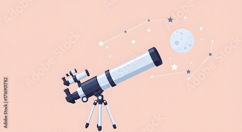 Telescope Gazing at Moon and Constellations on Pink Background
