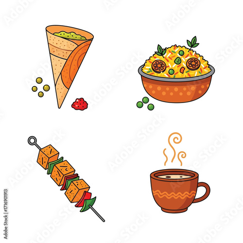 A vibrant illustration showcasing a delightful array of popular Indian dishes and beverages, perfect for a culinary exploration