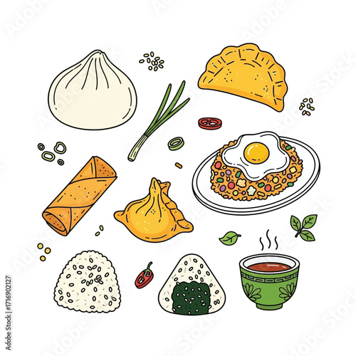 A vibrant hand-drawn illustration set showcasing a variety of popular traditional Asian cuisine dishes