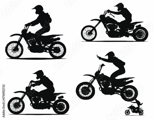 Silhouette of a biker doing freestyle tricks on his motorcycle vector silhouette set