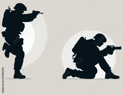 Silhouette of a Crouching Military Soldier Aiming a Handgun, Tactical Pose, Minimalist Vector Icon Representing Armed Forces.