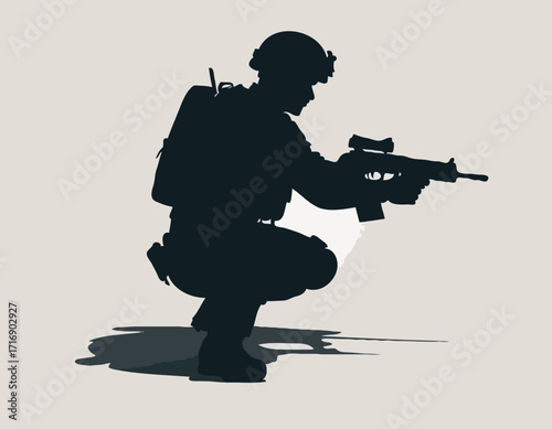 A crouching military army soldier or police swat man or person aiming a gun or handgun or pistol weapon silhouette shadow. War troops icon or symbol - Simple vector illustration