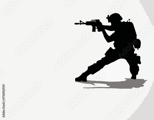 A crouching military army soldier or police swat man or person aiming a gun or handgun or pistol weapon silhouette shadow. War troops icon or symbol - Simple vector illustration