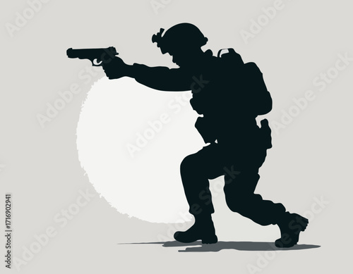 Crouching Military Soldier Aiming Handgun, Tactical Pose, Silhouette Shadow, War Troops Icon - Simple Vector Illustration.
