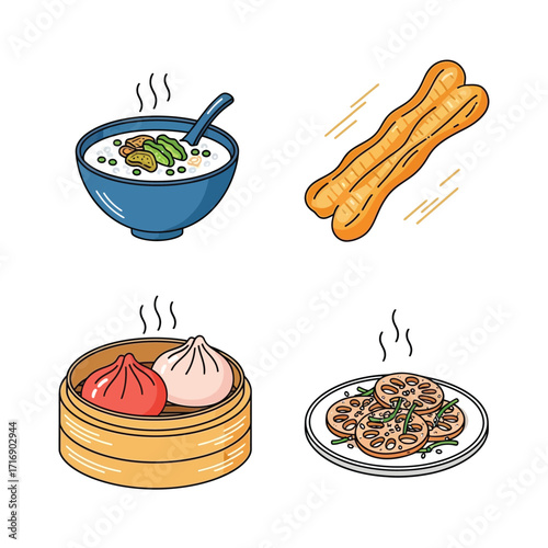 Delicious Asian Cuisine A Vibrant Illustration of Congee, Fried Dough, Dumplings, and Lotus Root
