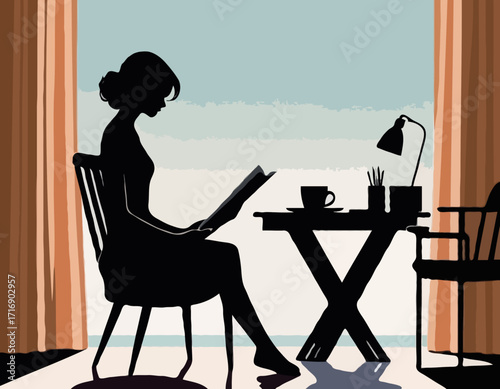 a girl reading book on the sitting chair in front of reading table silhouette