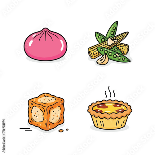 Colorful Set of Hand-Drawn Food Icons Featuring Asian and Western Cuisine Doodles