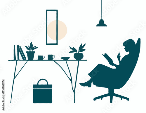 a girl reading book on the sitting chair in front of reading table silhouette