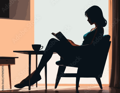a girl reading book on the sitting chair in front of reading table silhouette