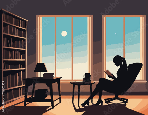 a girl reading book on the sitting chair in front of reading table silhouette