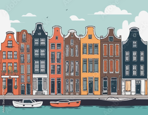 Netherlands Houses, Amsterdam traditional colorful homes, architecture illustrations