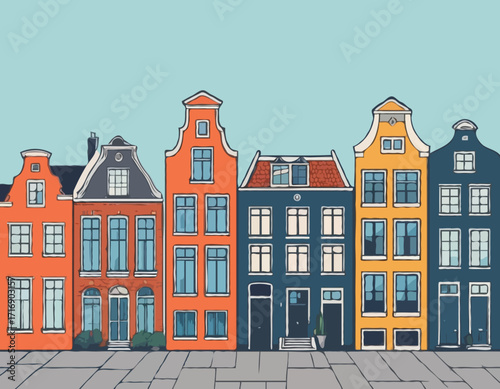 Netherlands Houses, Amsterdam traditional colorful homes, architecture illustrations