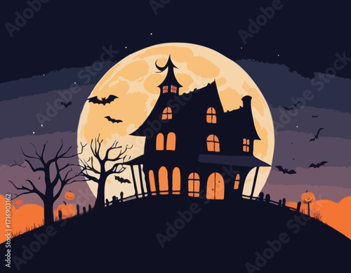 Witch or haunted house silhouette on the hill in a round shaped background. House, full moon, bats and pumpkins outline. Happy Halloween. Vector illustration