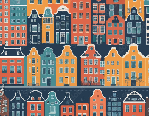 Netherlands Houses, Amsterdam traditional colorful homes, architecture illustrations