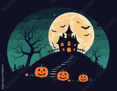 Witch or haunted house silhouette on the hill in a round shaped background. House, full moon, bats and pumpkins outline. Happy Halloween. Vector illustration
