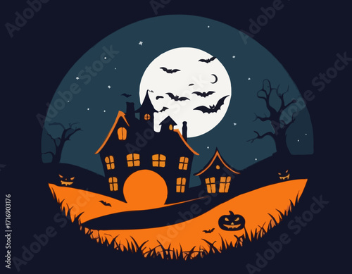 Witch or haunted house silhouette on the hill in a round shaped background. House, full moon, bats and pumpkins outline. Happy Halloween. Vector illustration