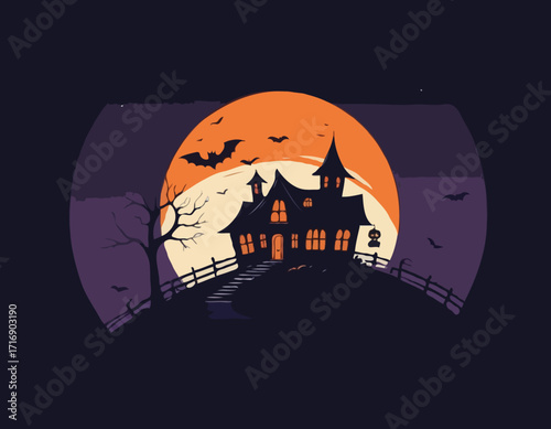 Witch or haunted house silhouette on the hill in a round shaped background. House, full moon, bats and pumpkins outline. Happy Halloween. Vector illustration