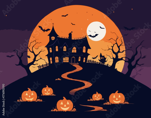 Witch or haunted house silhouette on the hill in a round shaped background. House, full moon, bats and pumpkins outline. Happy Halloween. Vector illustration