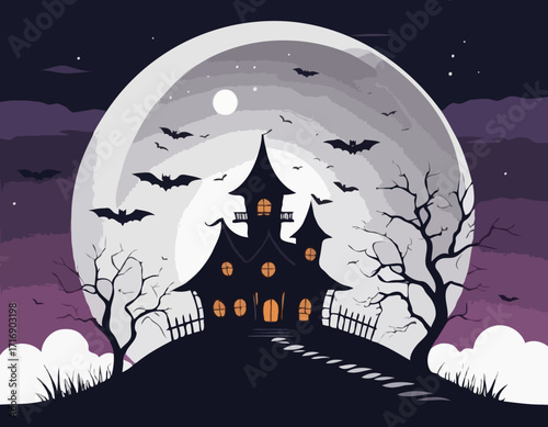 Witch or haunted house silhouette on the hill in a round shaped background. House, full moon, bats and pumpkins outline. Happy Halloween. Vector illustration